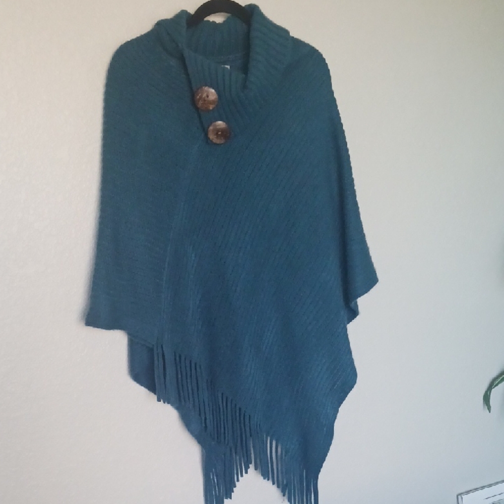 Narianna Teal Poncho with Fringe and Button Accents